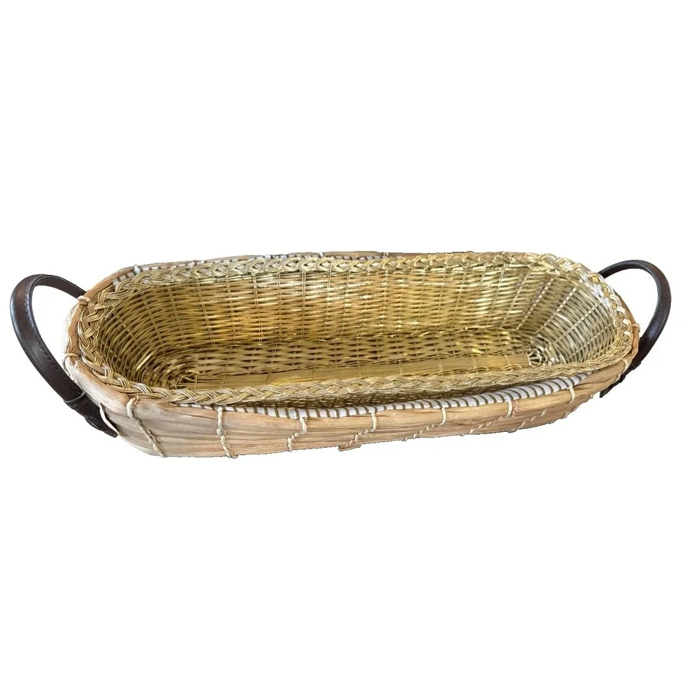 VNTG Woven Bread‎ Basket W/Leather Handles w/ Special Gold Accent Insert 16